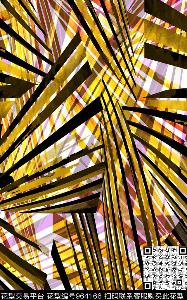 简约条纹树叶纹络时尚写意数码印花华亿平台下载（图片编号: 964166） - 瓦栏（Walan）