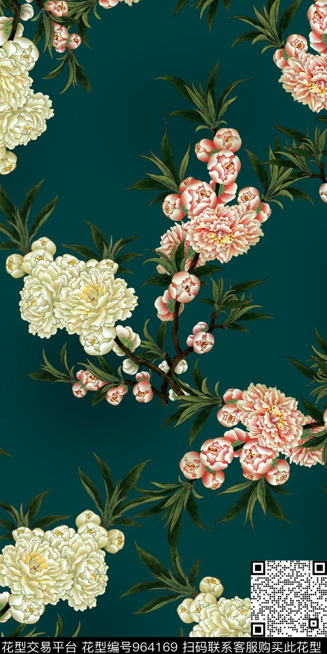 香云纱绿植树叶牡丹数码印花华亿平台下载（图片编号: 964169） - 瓦栏（Walan）