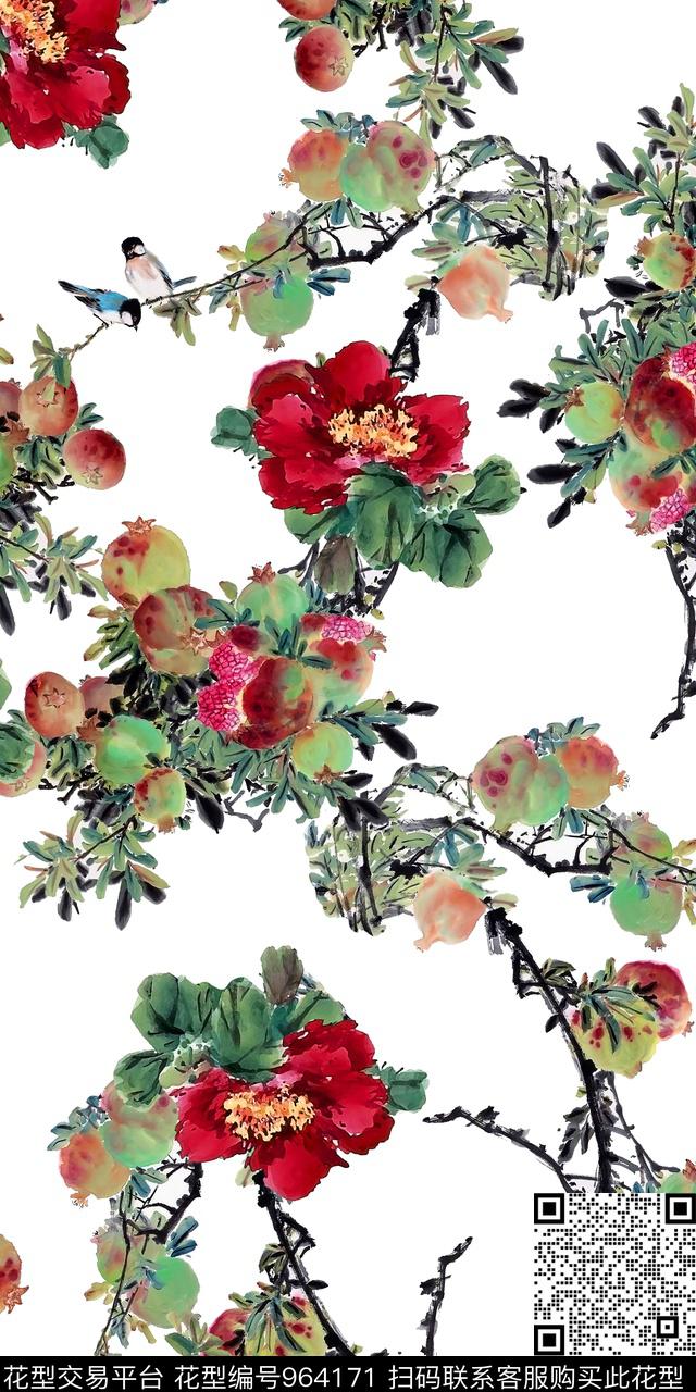 石榴水墨风花卉数码印花华亿平台下载（图片编号: 964171） - 瓦栏（Walan）