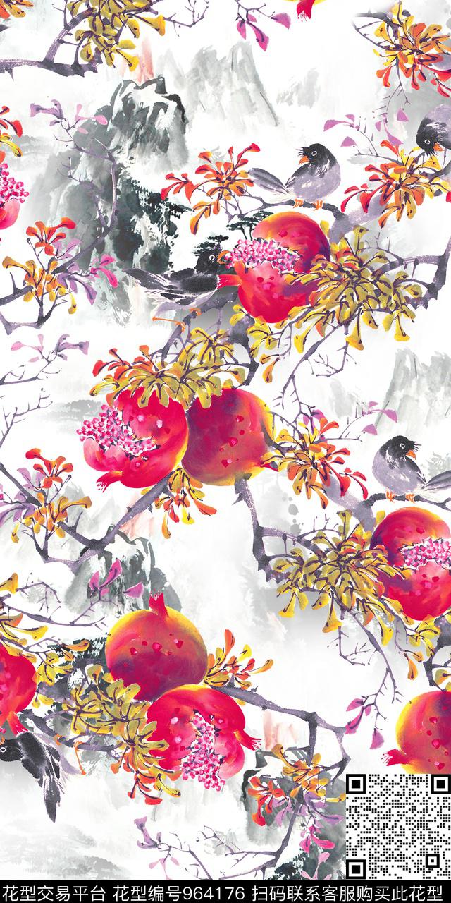 石榴水墨风山数码印花华亿平台下载（图片编号: 964176） - 瓦栏（Walan）