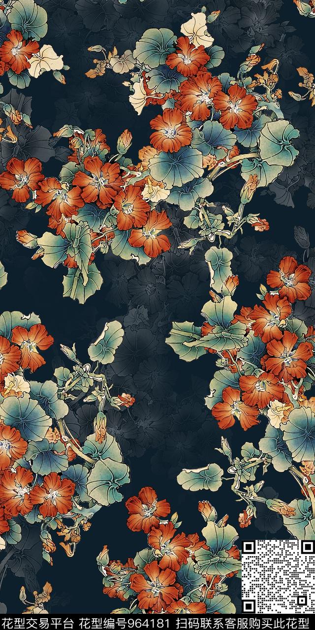 花卉香云纱国画数码印花华亿平台下载（图片编号: 964181） - 瓦栏（Walan）