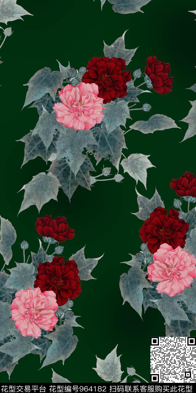 香云纱国画花卉数码印花华亿平台下载（图片编号: 964182） - 瓦栏（Walan）