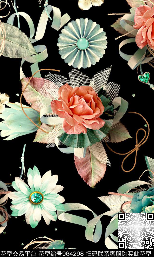 抽象抽象花卉满版散花数码印花华亿平台下载（图片编号: 964298） - 瓦栏（Walan）