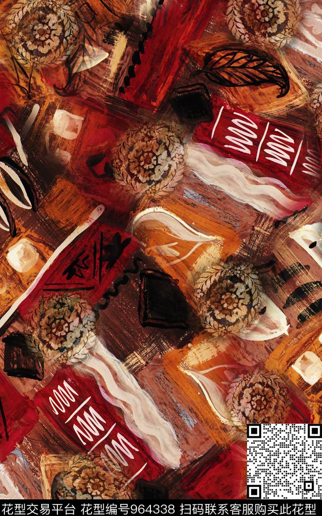 民族风抽象复古数码印花华亿平台下载（图片编号: 964338） - 瓦栏（Walan）