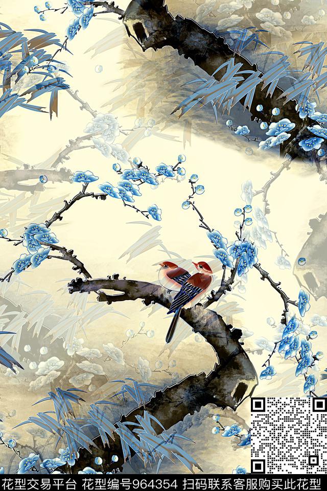 梅花旗袍花鸟数码印花华亿平台下载（图片编号: 964354） - 瓦栏（Walan）