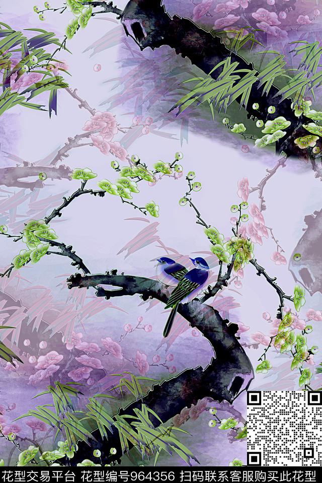 梅花旗袍花鸟数码印花华亿平台下载（图片编号: 964356） - 瓦栏（Walan）