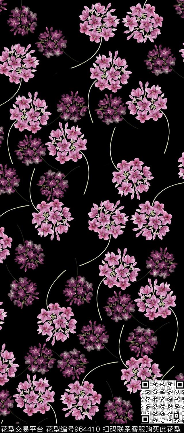 数码华亿平台花卉黑底花卉数码印花华亿平台下载（图片编号: 964410） - 瓦栏（Walan）