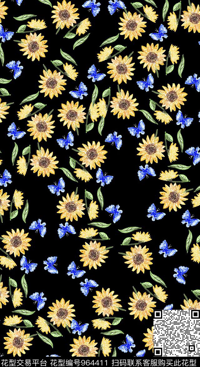 数码华亿平台花卉黑底花卉数码印花华亿平台下载（图片编号: 964411） - 瓦栏（Walan）
