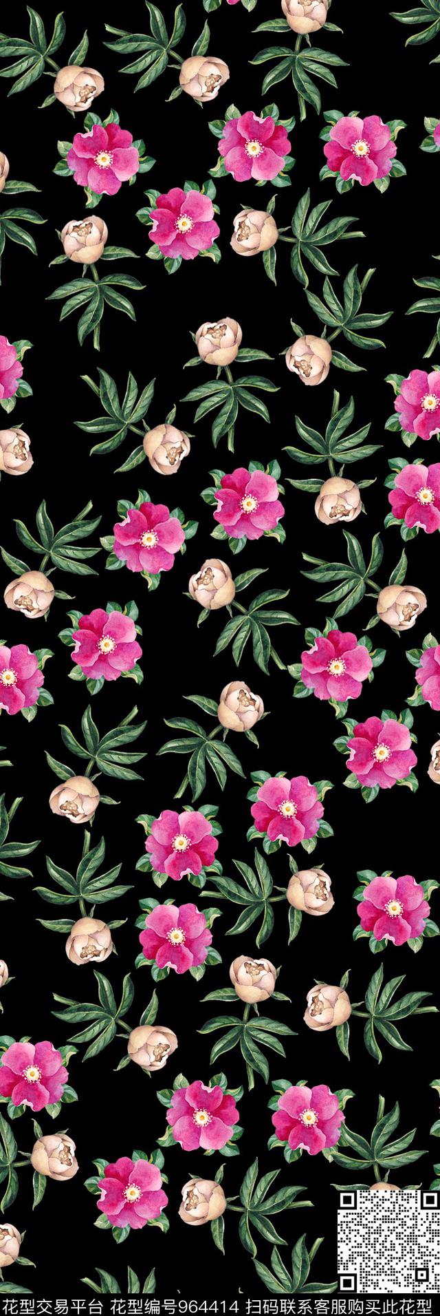 数码华亿平台花卉黑底花卉数码印花华亿平台下载（图片编号: 964414） - 瓦栏（Walan）