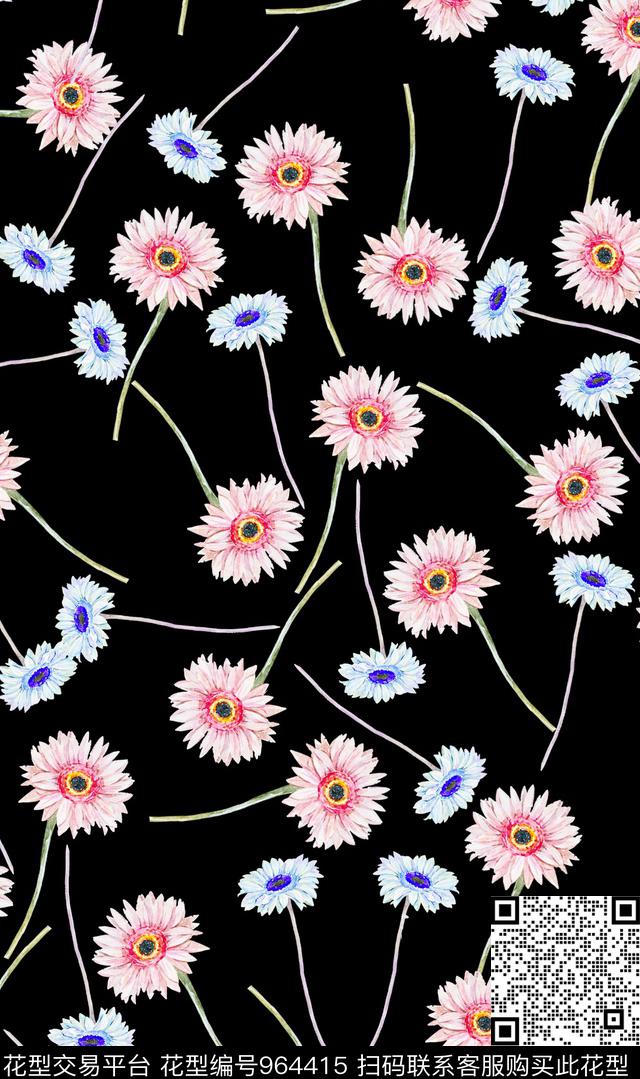数码华亿平台花卉黑底花卉数码印花华亿平台下载（图片编号: 964415） - 瓦栏（Walan）