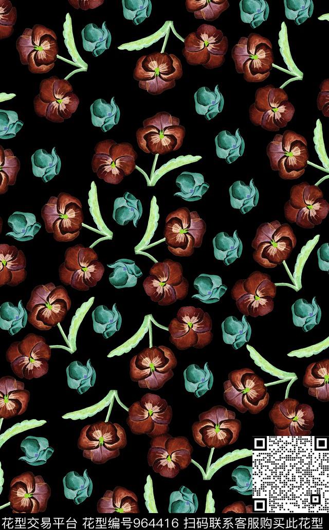 数码华亿平台花卉黑底花卉数码印花华亿平台下载（图片编号: 964416） - 瓦栏（Walan）