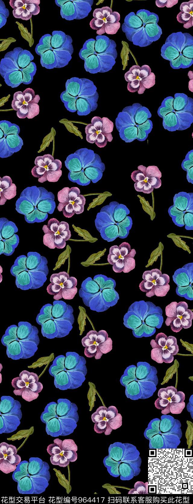 数码华亿平台花卉黑底花卉数码印花华亿平台下载（图片编号: 964417） - 瓦栏（Walan）