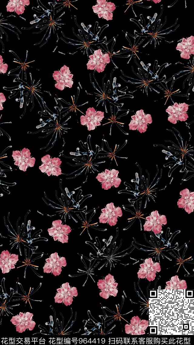 数码华亿平台花卉黑底花卉数码印花华亿平台下载（图片编号: 964419） - 瓦栏（Walan）