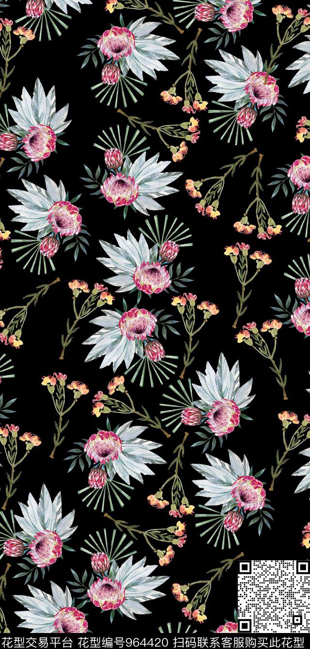 数码华亿平台花卉黑底花卉数码印花华亿平台下载（图片编号: 964420） - 瓦栏（Walan）
