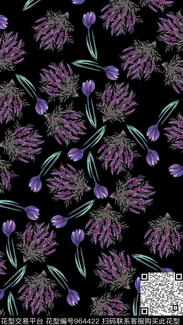 数码华亿平台花卉黑底花卉数码印花华亿平台下载（图片编号: 964422） - 瓦栏（Walan）