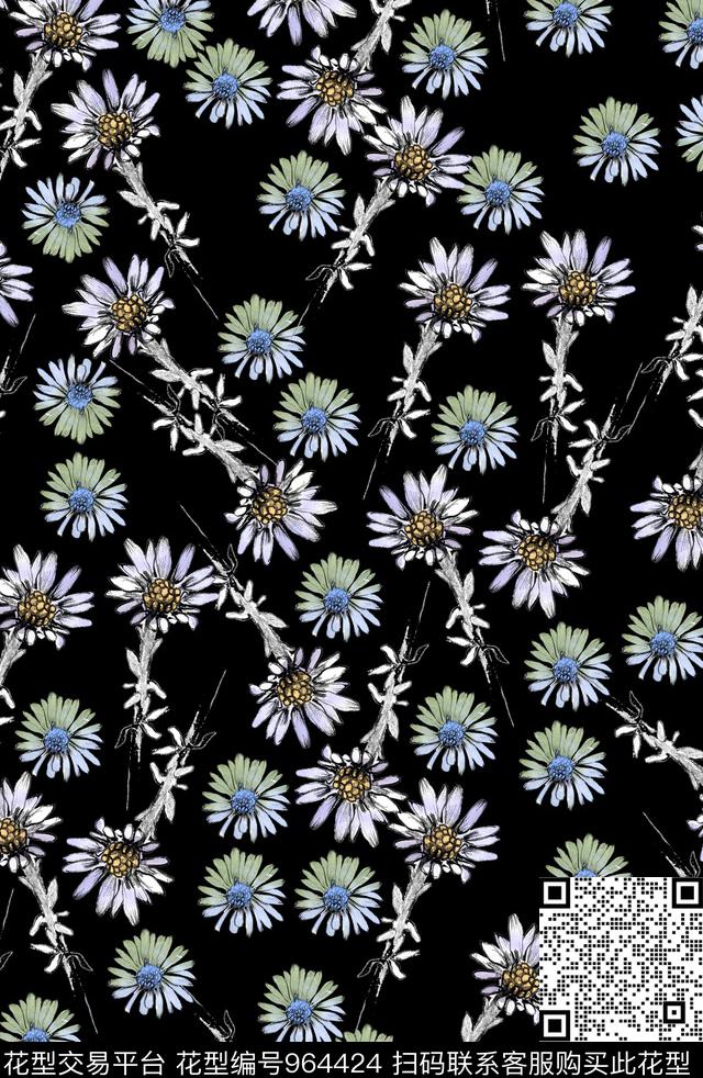 数码华亿平台花卉黑底花卉数码印花华亿平台下载（图片编号: 964424） - 瓦栏（Walan）