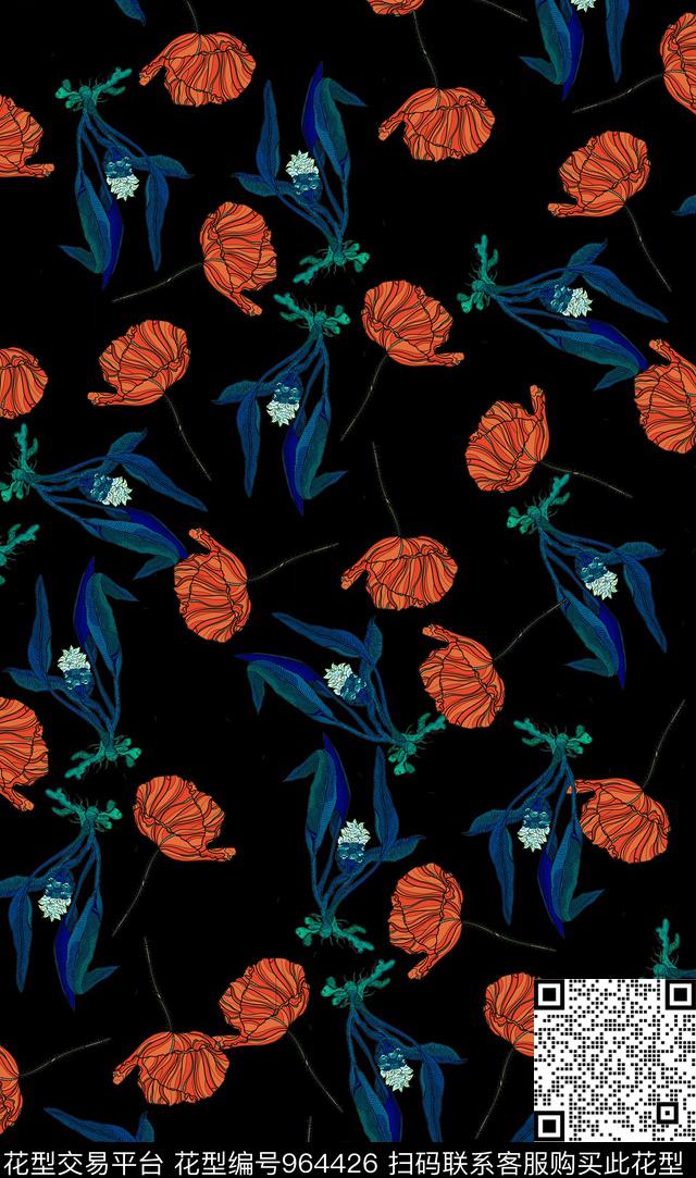 数码华亿平台花卉黑底花卉数码印花华亿平台下载（图片编号: 964426） - 瓦栏（Walan）