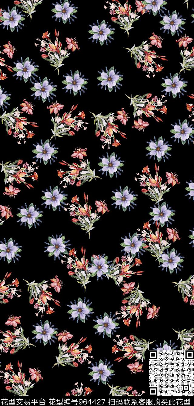数码华亿平台花卉黑底花卉数码印花华亿平台下载（图片编号: 964427） - 瓦栏（Walan）