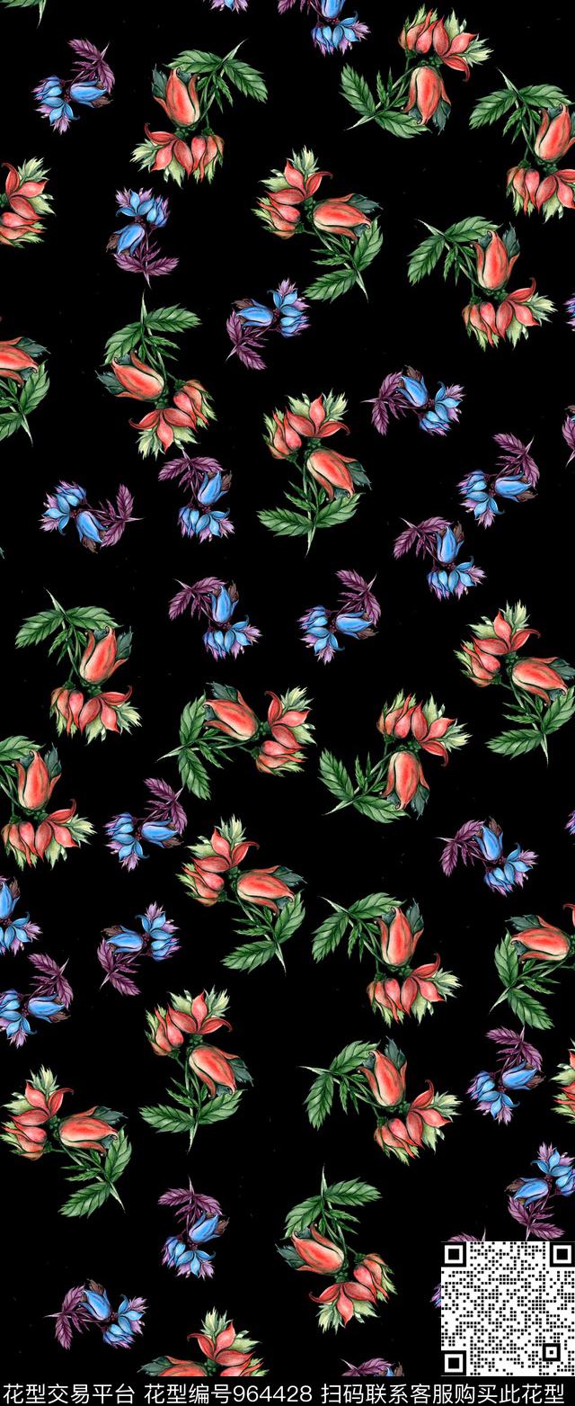 数码华亿平台花卉黑底花卉数码印花华亿平台下载（图片编号: 964428） - 瓦栏（Walan）