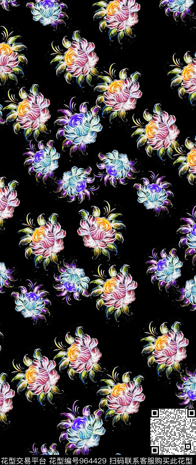 数码华亿平台花卉黑底花卉数码印花华亿平台下载（图片编号: 964429） - 瓦栏（Walan）
