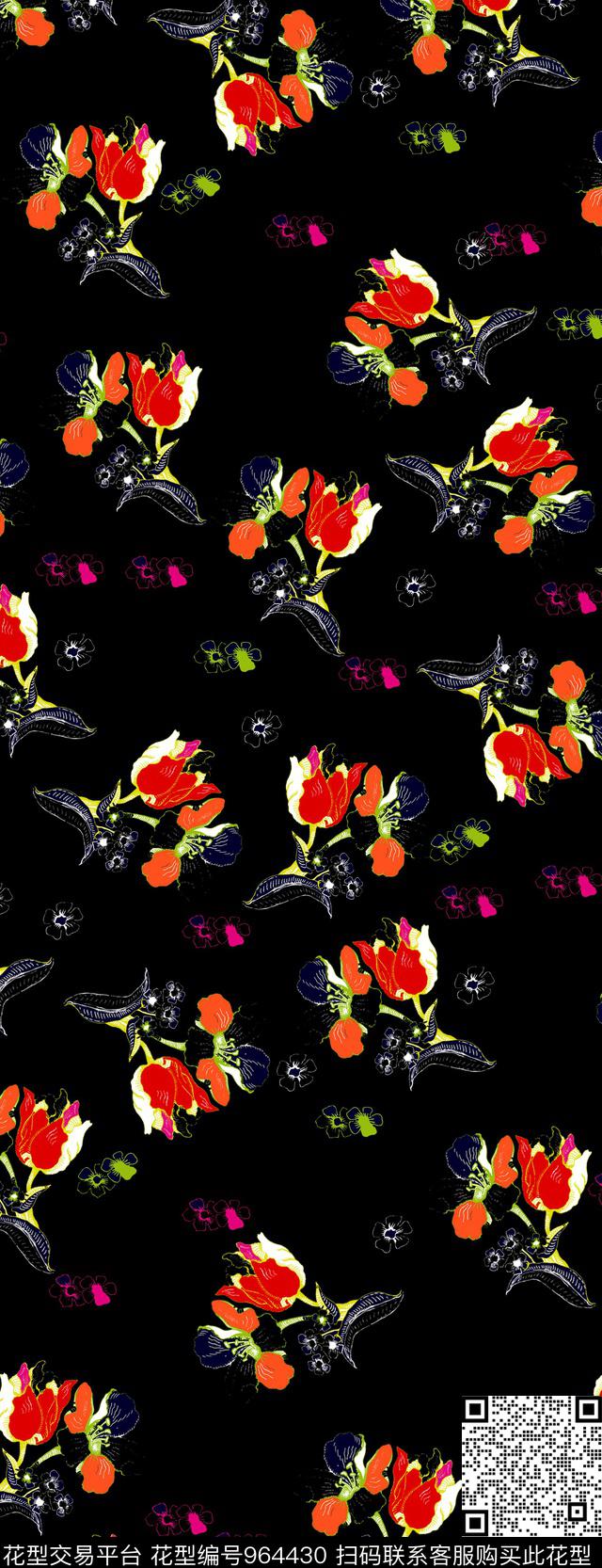 数码华亿平台花卉黑底花卉数码印花华亿平台下载（图片编号: 964430） - 瓦栏（Walan）