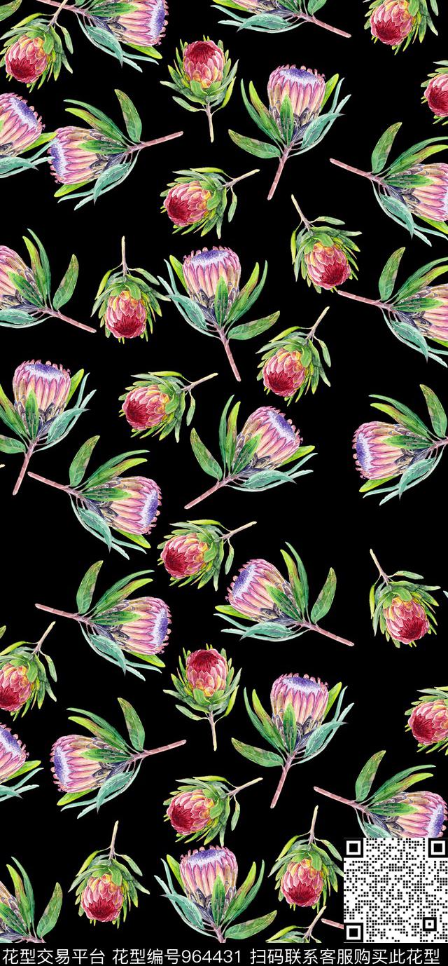 数码华亿平台花卉黑底花卉数码印花华亿平台下载（图片编号: 964431） - 瓦栏（Walan）