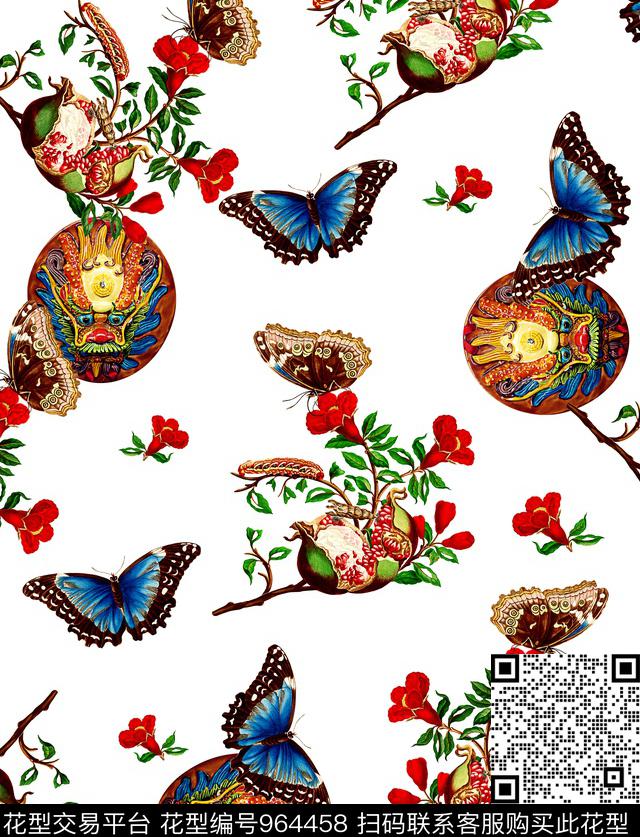 手绘花卉石榴蝴蝶数码印花华亿平台下载（图片编号: 964458） - 瓦栏（Walan）