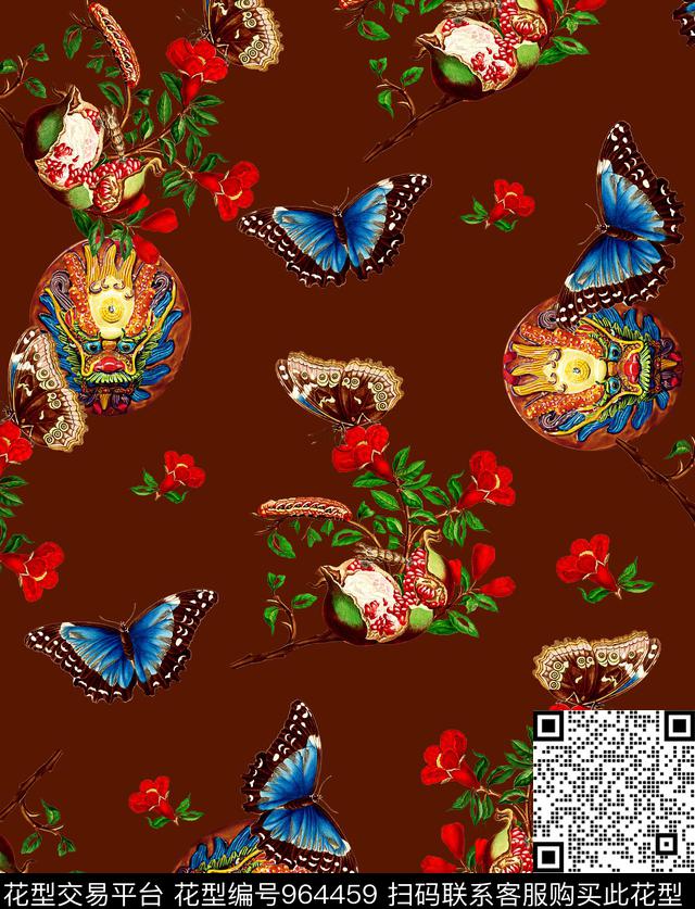 手绘花卉石榴蝴蝶数码印花华亿平台下载（图片编号: 964459） - 瓦栏（Walan）