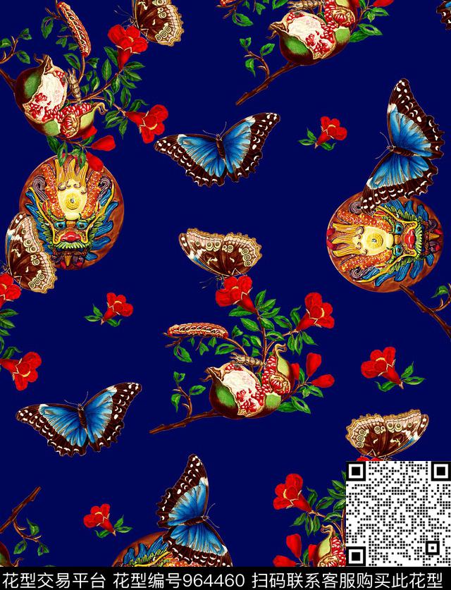 手绘花卉石榴蝴蝶数码印花华亿平台下载（图片编号: 964460） - 瓦栏（Walan）