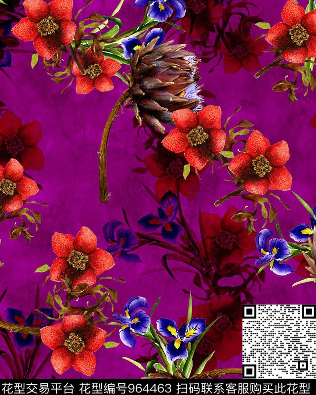 水彩花卉花卉香云纱数码印花华亿平台下载（图片编号: 964463） - 瓦栏（Walan）