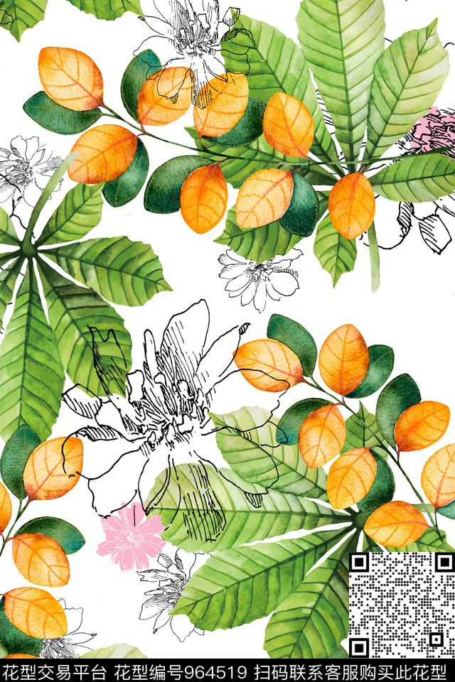 线条花卉手绘花卉清爽底花卉数码印花华亿平台下载（图片编号: 964519） - 瓦栏（Walan）