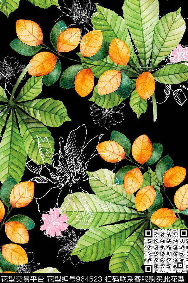 线条花卉手绘花卉清爽底花卉数码印花华亿平台下载（图片编号: 964523） - 瓦栏（Walan）