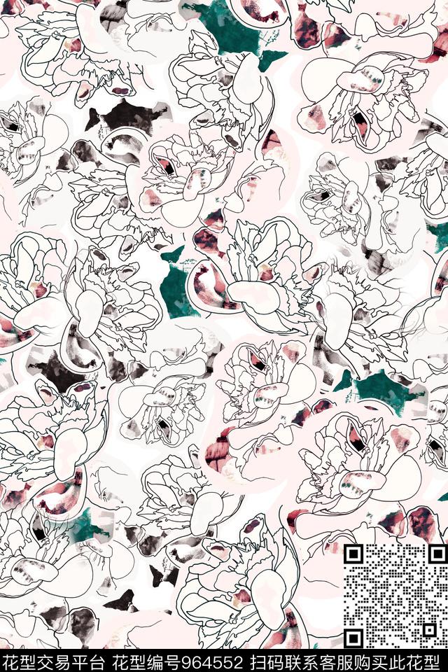 趣味线条花卉抽象数码印花华亿平台下载（图片编号: 964552） - 瓦栏（Walan）