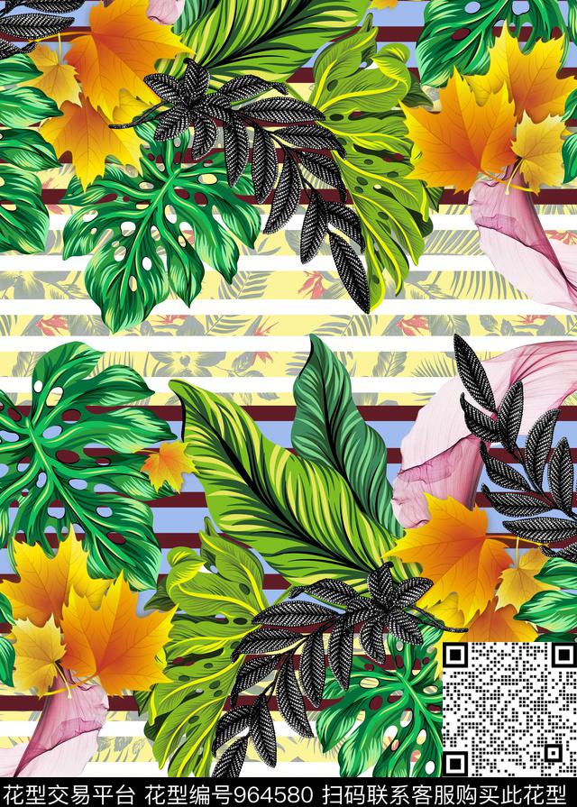条纹植物绿植树叶数码印花华亿平台下载（图片编号: 964580） - 瓦栏（Walan）