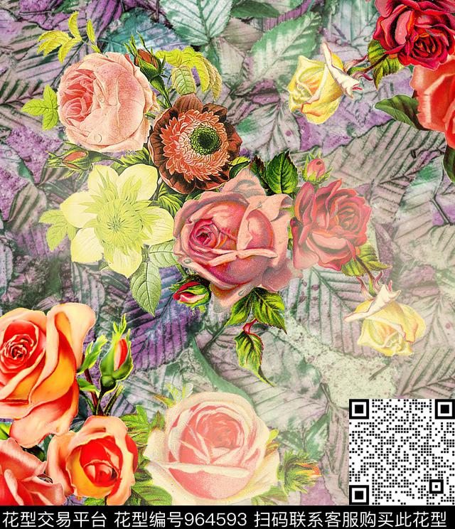 手绘花卉大牌风抽象叶子数码印花华亿平台下载（图片编号: 964593） - 瓦栏（Walan）
