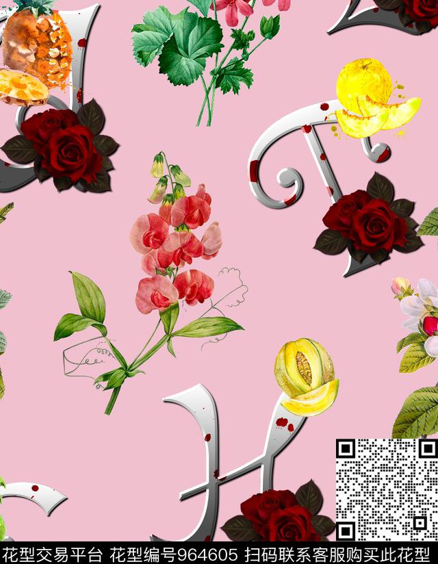 手绘花卉清爽底花卉金属字母数码印花华亿平台下载（图片编号: 964605） - 瓦栏（Walan）