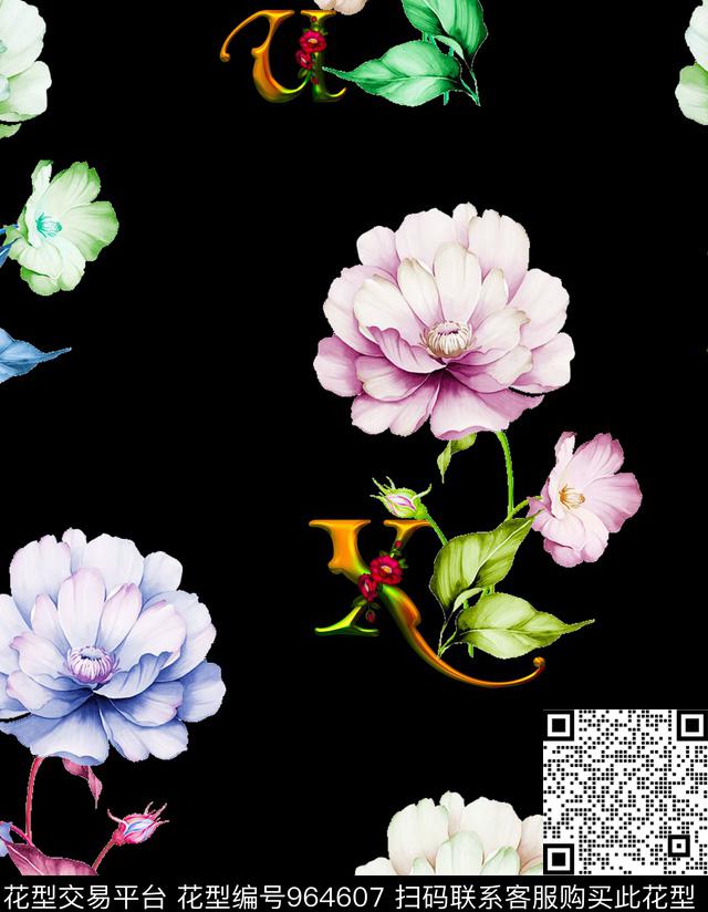 手绘花卉大牌风金属字母数码印花华亿平台下载（图片编号: 964607） - 瓦栏（Walan）