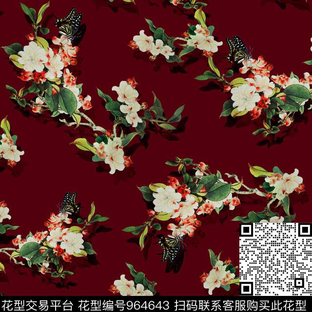 花卉香云纱蝴蝶数码印花华亿平台下载（图片编号: 964643） - 瓦栏（Walan）