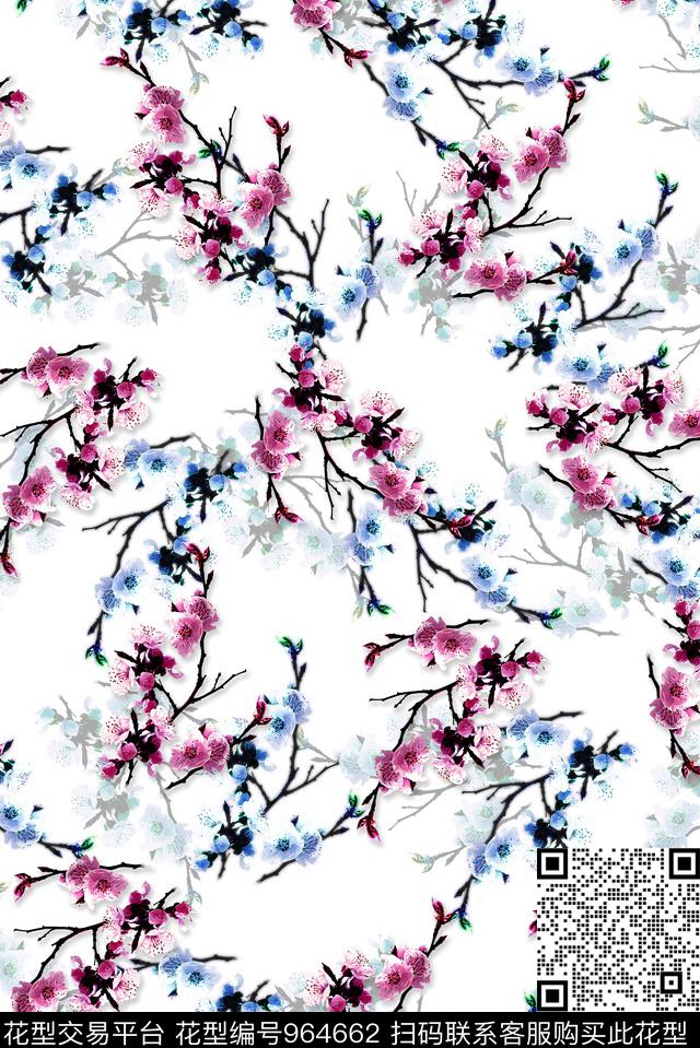 花卉旗袍桃花数码印花华亿平台下载（图片编号: 964662） - 瓦栏（Walan）