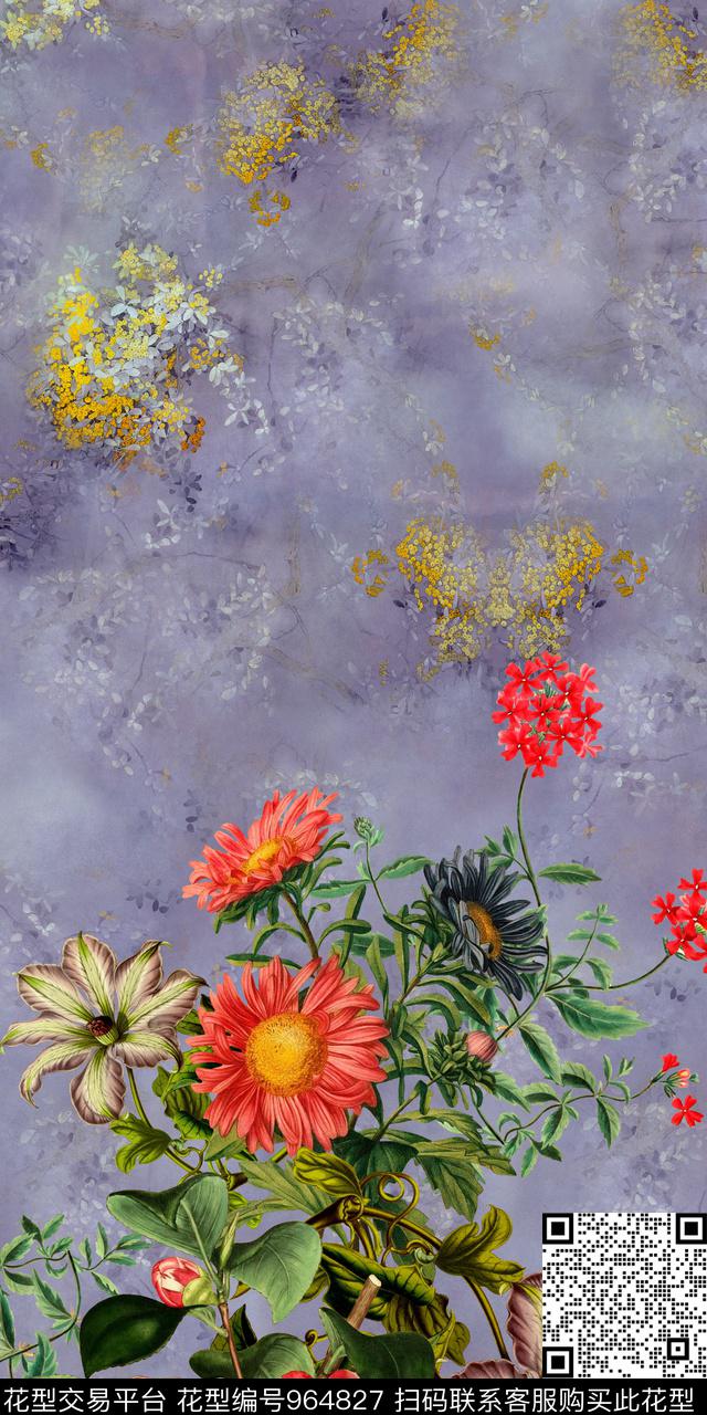数码华亿平台手绘花卉纹理数码印花华亿平台下载（图片编号: 964827） - 瓦栏（Walan）