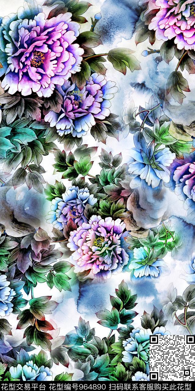 数码华亿平台手绘花卉水墨风数码印花华亿平台下载（图片编号: 964890） - 瓦栏（Walan）