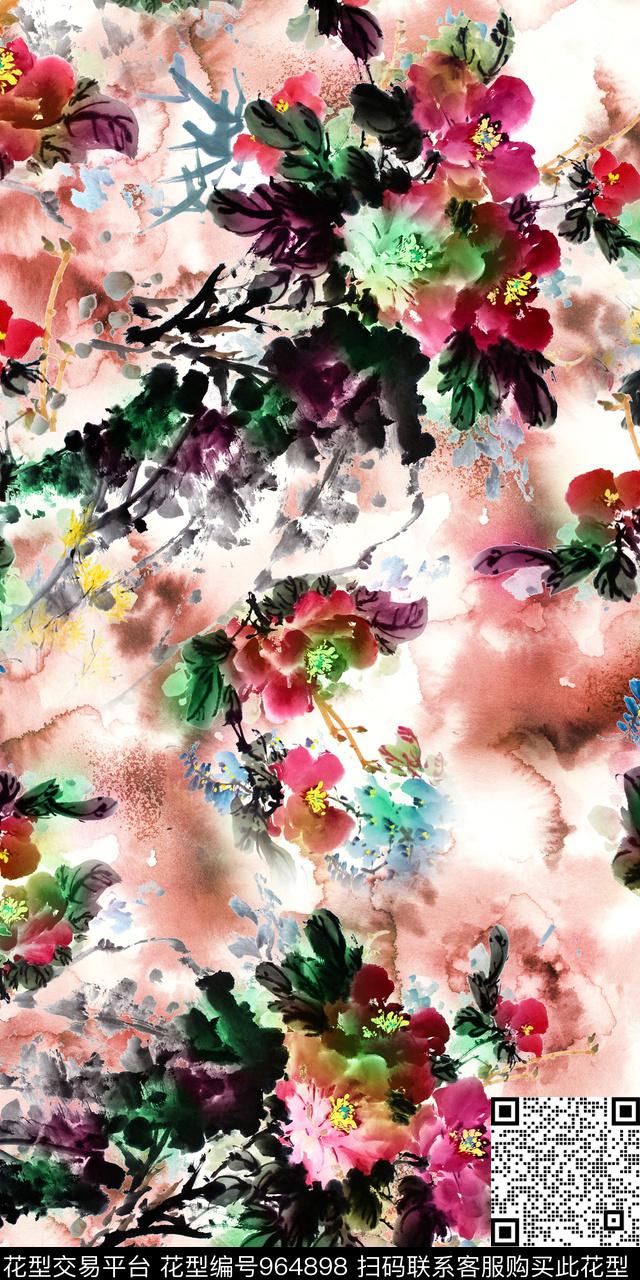 数码华亿平台手绘花卉水墨风数码印花华亿平台下载（图片编号: 964898） - 瓦栏（Walan）