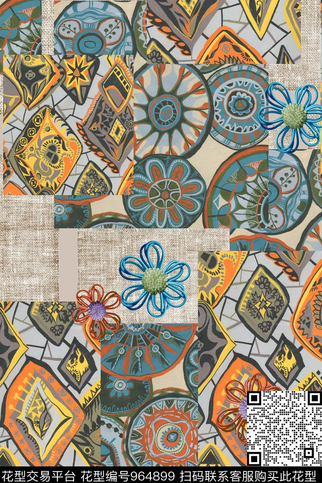 民族风趣味几何数码印花华亿平台下载（图片编号: 964899） - 瓦栏（Walan）