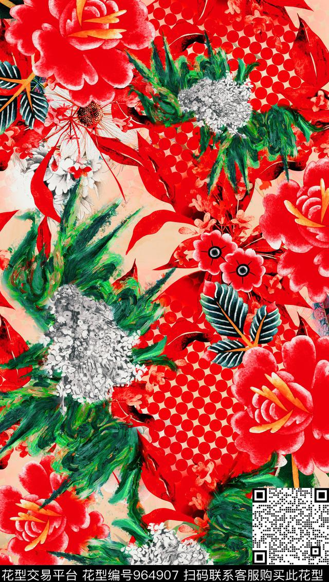 格子定位花红绿数码印花华亿平台下载（图片编号: 964907） - 瓦栏（Walan）
