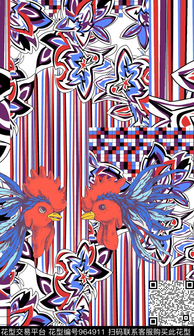 格子几何公鸡传统印花华亿平台下载（图片编号: 964911） - 瓦栏（Walan）
