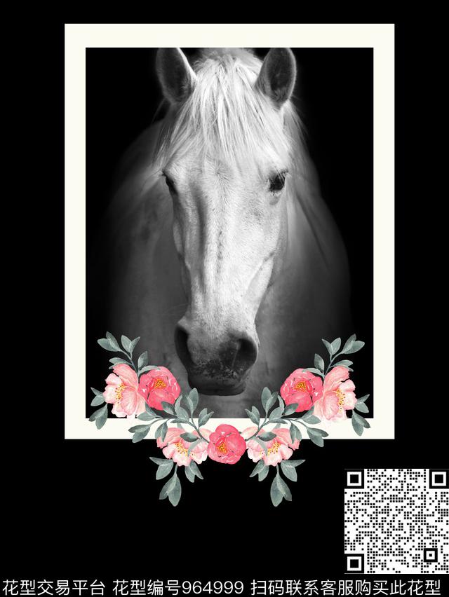 黑底花卉黑白华亿平台马数码印花华亿平台下载（图片编号: 964999） - 瓦栏（Walan）