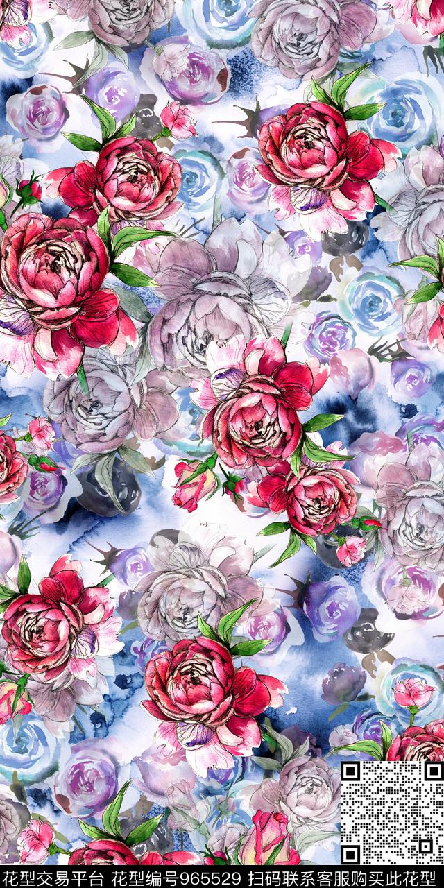 数码华亿平台手绘花卉女装数码印花华亿平台下载（图片编号: 965529） - 瓦栏（Walan）
