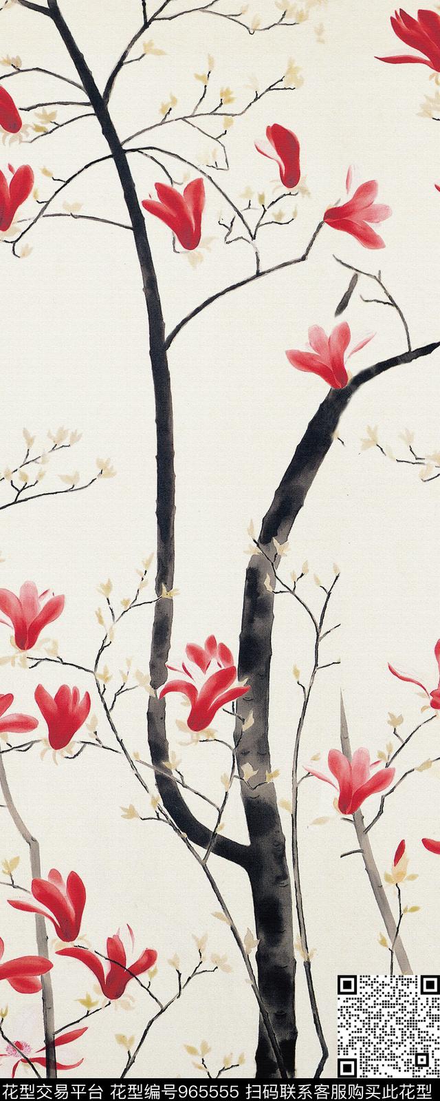 肌理手绘花卉水墨风数码印花华亿平台下载（图片编号: 965555） - 瓦栏（Walan）