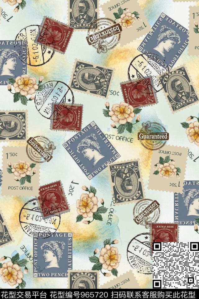 邮票字母花卉数码印花华亿平台下载（图片编号: 965720） - 瓦栏（Walan）