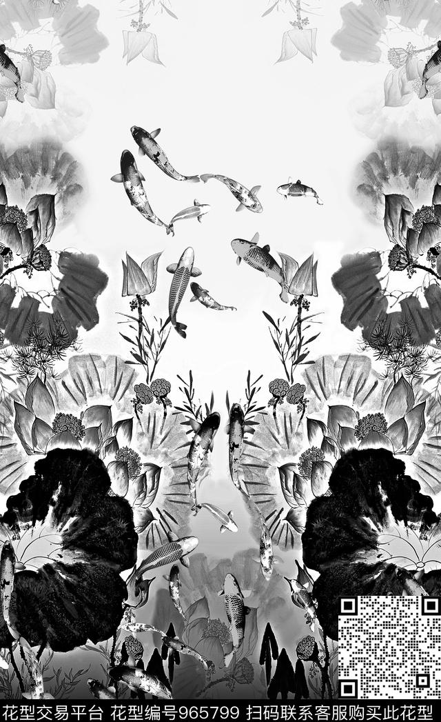 定位花荷花鲤鱼中国风数码印花华亿平台下载（图片编号: 965799） - 瓦栏（Walan）
